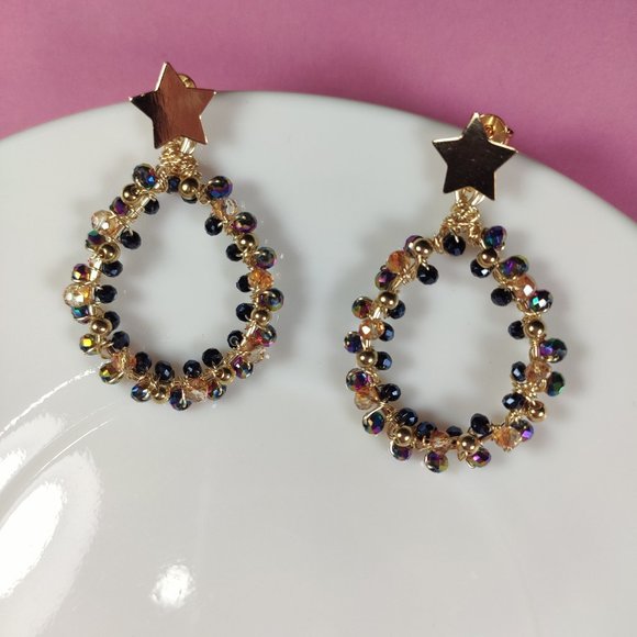 MULTICOLOR EARRINGS CRYSTAL HOOPS STARS / 18K GOLD PLATED / SPARKLE SHINE - Picture 1 of 5